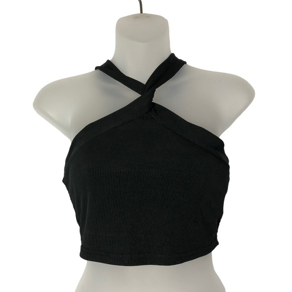 Shein Black Ribbed Twisted Halter Crop Tank Top S - Picture 2 of 4